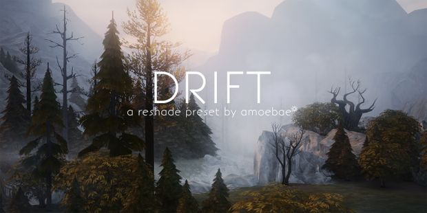 the words drift are written in front of an image of trees and mountains