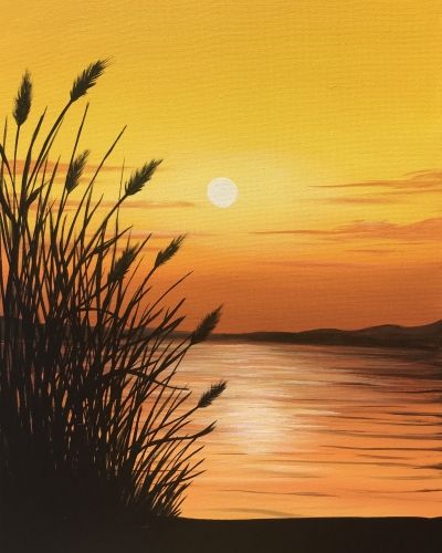 a painting of the sun setting over water