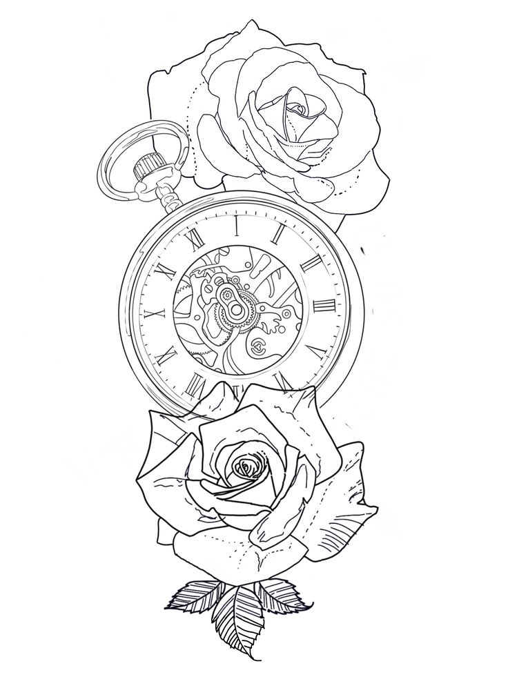 a drawing of a rose and an old pocket watch with the time being 11 00