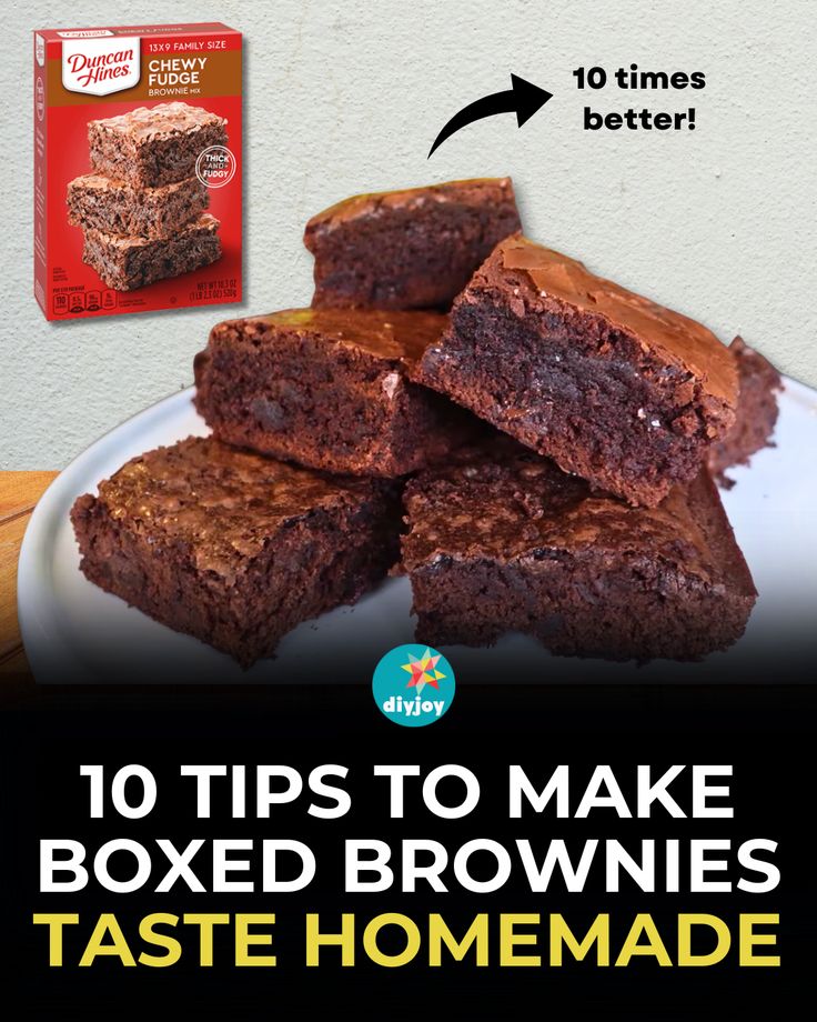 brownies on a plate with the words 10 tips to make boxed brownies taste homemade