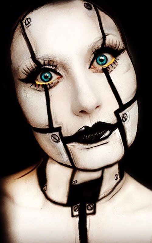 Simple Halloween Idea, I could do this make up and be a fem-bot with a pretty dress (like in Austin Powers) Makijaż Sugar Skull, Make Up Diy, Fantasy Make-up, Drag Make-up, Theatre Makeup, Couple Costumes, Special Fx Makeup, Theatrical Makeup, White Makeup