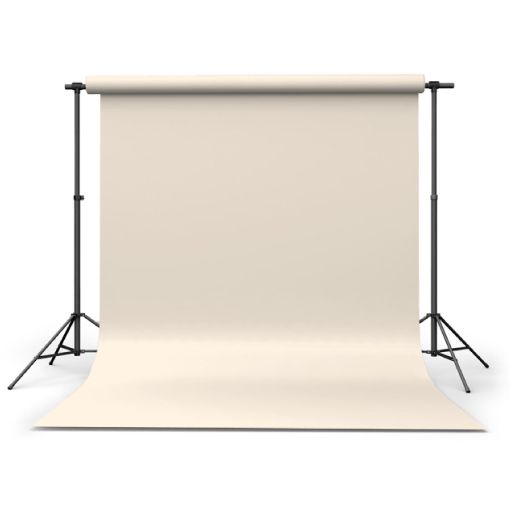 an empty white backdrop with black stands on the side and a light beige background behind it