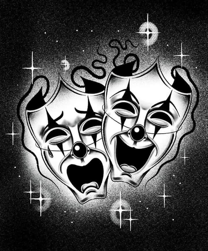 two masks with mouths open in front of stars and sparkles on a black background