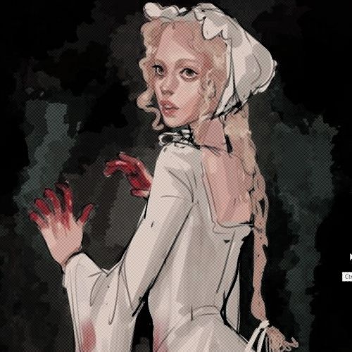 a digital painting of a woman dressed in white and holding her hands out to the side