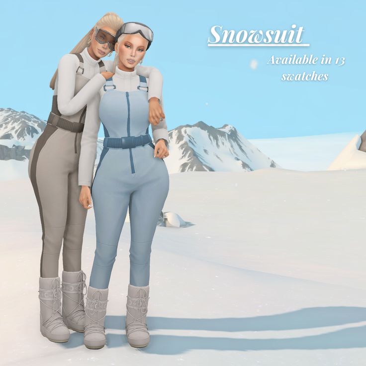 two women standing next to each other in front of snow covered mountains with text above them