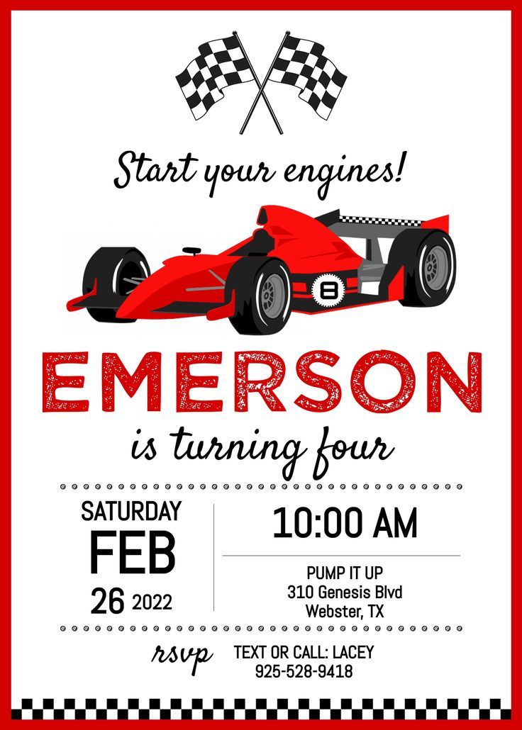 a race car birthday party card with the words,'start your engines emerson is turning four