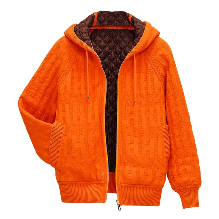 Mightychic offers an Hermès Reversible Zip Cardigan featured in Orange Saturne and Brown. Warm with hood and quilted cotton, wool and plume canvas. Virgin wool with Losanges and H motifs. Reverses to wadded brown quilted side with Orange ribbed waist and cuffs. Cardigan has ribbed cuffs and hip with 2 side pockets. Front zip with embossed logo pull. Made in Italy. Fabric is wool and polyester. NEW or NEVER WORN. final sale SIZE 40 USA SIZE 8 CARDIGAN/JACKET MEASURES: LENGTH 25.5" UNDERARM TO UND Cardigan Hoodie, Armani Jacket, Louis Vuitton Supreme, Hoodie Cardigan, Zip Cardigan, Cotton Coat, Leather Shorts, Cotton Wool, Sweater Design