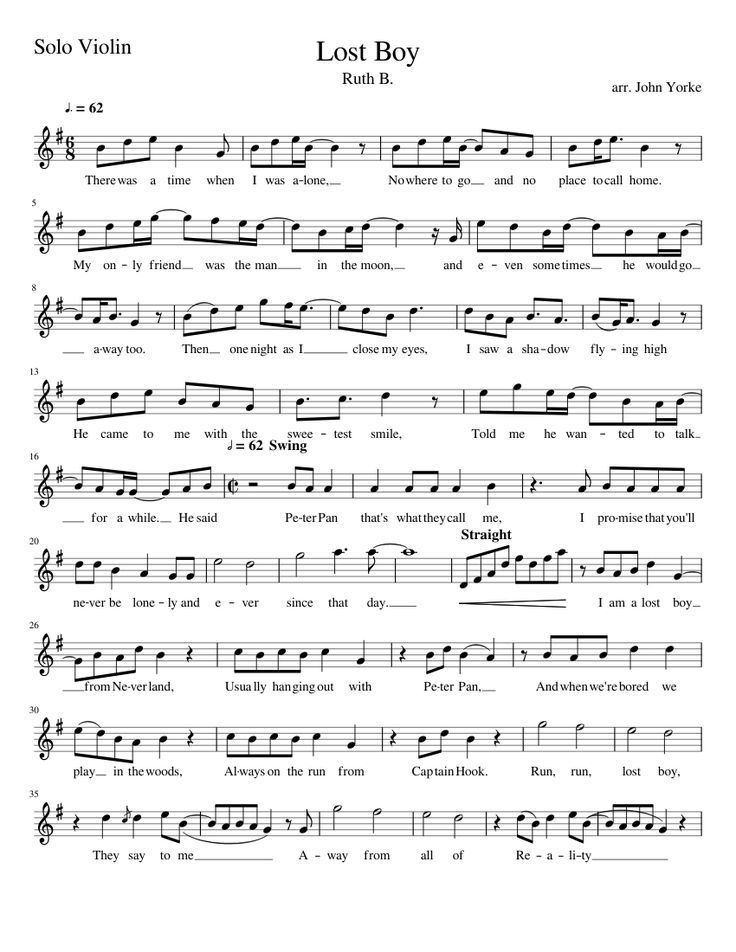 sheet music with the words lost boy on it