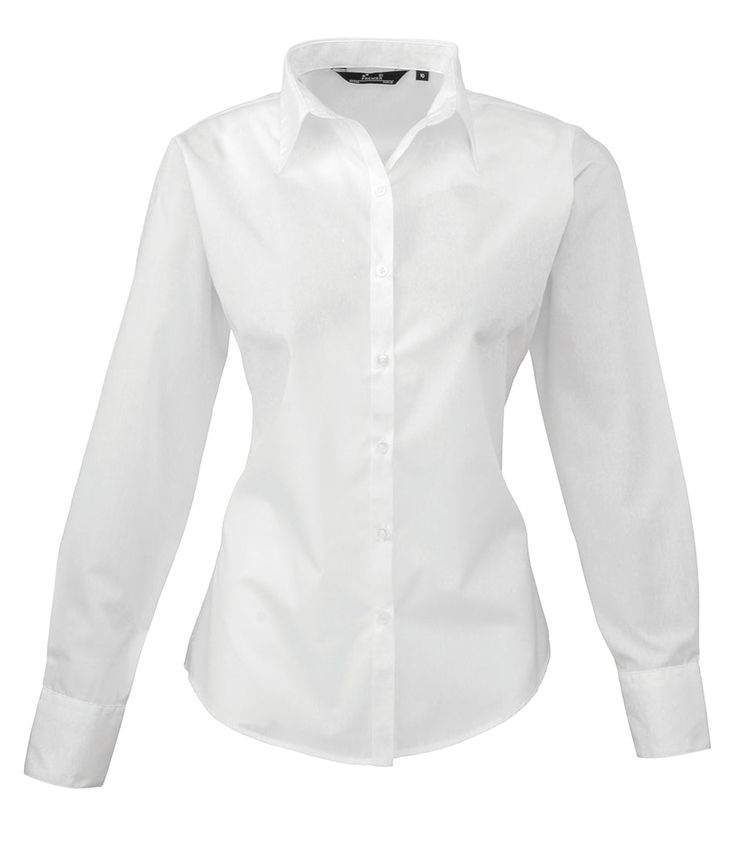 Women's easycare long sleeve blouse. Soft collar styling. Rounded bottom hem. Fitted styling with bust and back darts. Pearlised buttons on white shirt, self colour buttons on black. Double buttons on cuff. WRAP certified. BSCI certified. Reach certified. SEDEX certified. Poplin Blouse, Plain Blouse, Work Shirts, Long Blouse, White Blouse, Striped Blouse, Short Sleeve Blouse, Karl Lagerfeld, White Shirt