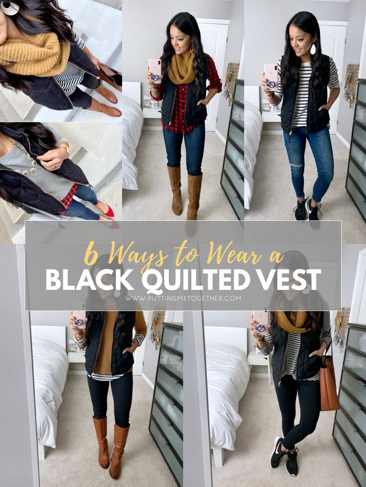 Navy Blue Vest Outfit, Spring Vest Outfits, Black Vest Outfits, Black Vest Outfits For Women, Blue Vest Outfit, Winter Vest Outfits, Black Puffer Vest Outfit, Quilted Vest Outfit, Puffy Vest Outfit