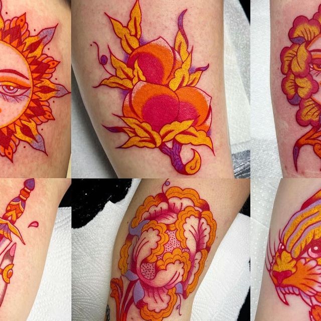 four different pictures of tattoos on the legs and arms, each with an image of a woman's face