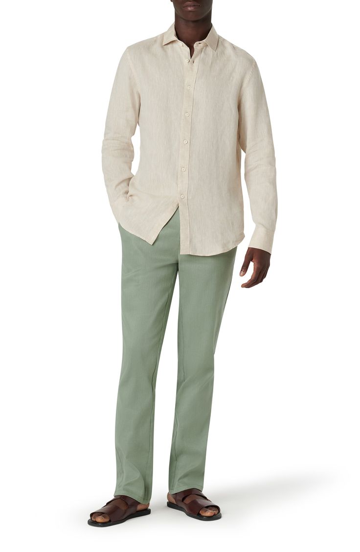 Lightweight and comfortable, this shirt cut from soft, breathable linen invites relaxing breezes on sunny days and always looks great untucked. 30 1/2" length; 44" chest Front button closure Spread collar Long sleeves with adjustable button cuffs 100% linen Machine wash, dry flat Imported Beige Shirt For Business Casual, Summer Season, Beige Shirt For Business Casual Summer, Beige Business Casual Shirt For Summer, Casual Linen Shirt For Business Casual, Casual Linen Shirt For Daywear, Classic Flax Shirt For Spring, Classic Beach Shirt For Spring, Classic Linen Shirt For Vacation, Business Casual Linen Shirt For Spring