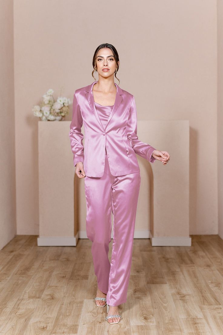 Model: Lindsey; Size: 4 Pants Silhouette, Jacket Silhouette, Fitted Pants, Satin Jacket, Fitted Jacket, Satin Pants, Satin Jackets, Mauve Pink, Cabin Crew