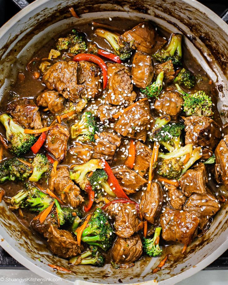 beef and broccoli stir fry in a pot