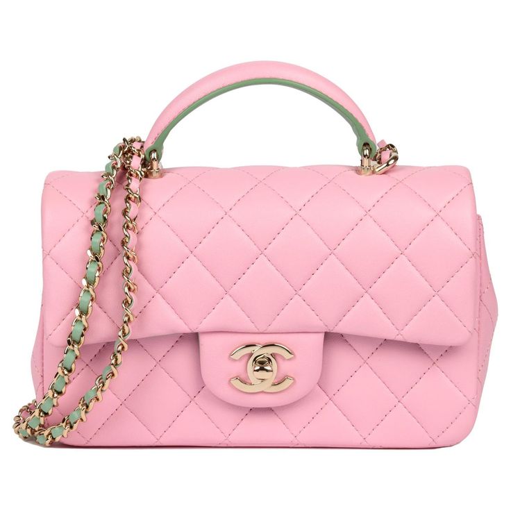 Chanel Pink & Green Quilted Lambskin Rectangular Mini Flap Bag with Top Handle CONDITION NOTES The exterior is exceptional condition with no signs of use. The interior is in exceptional condition with no signs of use. The hardware is in exceptional condition with no signs of use. The corners are in exceptional condition with no signs of use. Overall this item is in exceptional pre-owned condition. Please note the majority of the items we sell are pre-loved unless stated otherwise. Please look over our pictures and descriptions as they display the most detail of the product. Please make a note of the measurements. XUPES REFERENCE CB908 BRAND Chanel MODEL Rectangular Mini Flap Bag with Top Handle AGE 2022 GENDER Women's MATERIAL(S) Lambskin Leather COLOUR Pink BRAND COLOUR Pink, Green HARDWA Chanel Mini Flap Bag, Tas Bahu, Chanel Crossbody, Chanel Chain, Chanel Mini, Gold Chanel, Mini Top, Pink Chanel, Pink Champagne