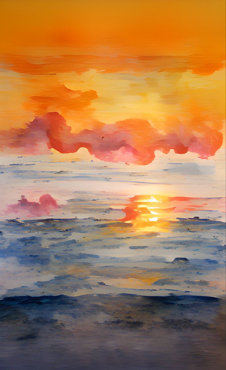 an abstract painting of the sun setting over the ocean with clouds in the sky and water below