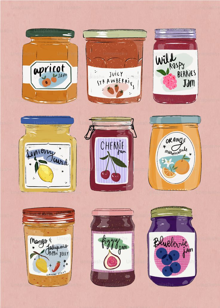 an image of jars of jams on a pink background