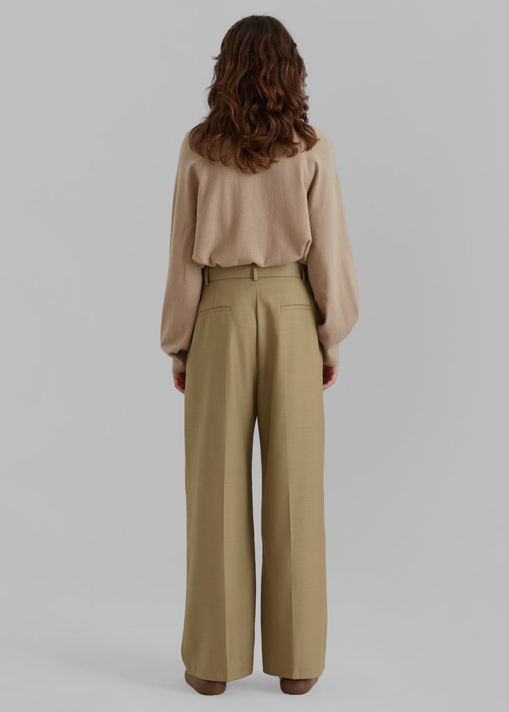 Color: TaupeMidweight woven wool blend fabricRelaxed silhouettePleat front detailDetachable fabric beltWide legFront pleat detailing Traveler's creaseSlant hip pocketsHook and bar closureUnlined50% Wool 50% PolyesterLining: 100% PolyesterDry CleanImported Wide Leg Pants With Concealed Front For Work, Chic Wide Leg Bottoms With Concealed Fastening, Workwear Straight Pants With Concealed Front Fastening, Spring Wool Wide Leg Workwear Pants, Wool Wide Leg Pants For Workwear In Spring, Spring Wool Wide Leg Pants For Workwear, Chic Office Bottoms With Concealed Front Fastening, Chic Bottoms With Concealed Front Fastening For Office, Tailored Beige Pants With Belt Loops