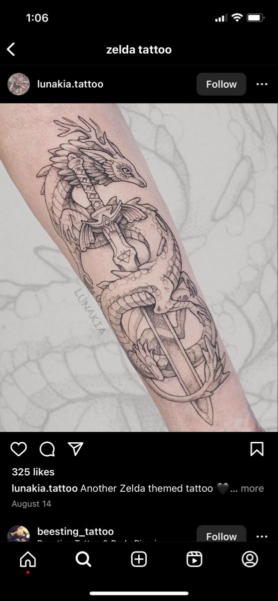 Zelda Dragons Tattoo, Floral Zelda Tattoo, Zelda Arm Tattoo, Farosh Botw Tattoo, Legend Of Zelda Tattoo Design, Zelda Back Tattoo, Light Dragon Tattoo Zelda, Zelda Couple Tattoo, Botw Dragon Tattoo