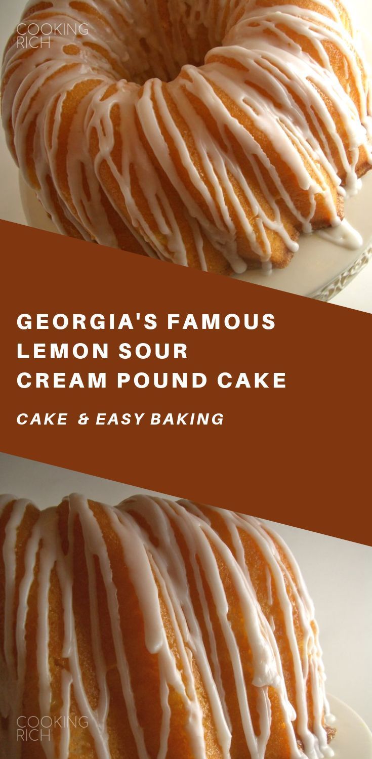 two cakes with white icing on them sitting next to each other and the words, georgia's famous lemon sour cream pound cake