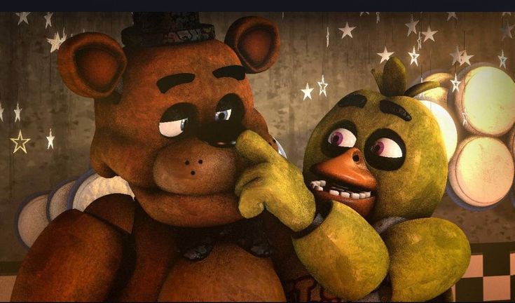 two cartoon bears standing next to each other with stars on the wall in the background