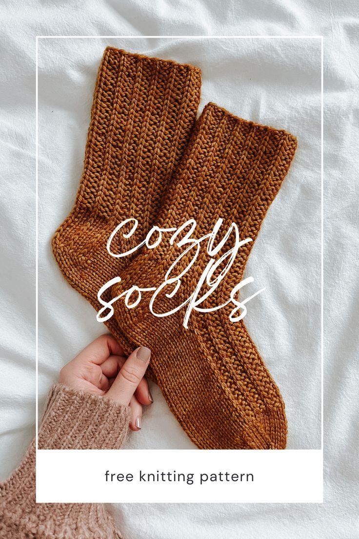 someone is knitting socks with the words cozy socks over them and on top of it