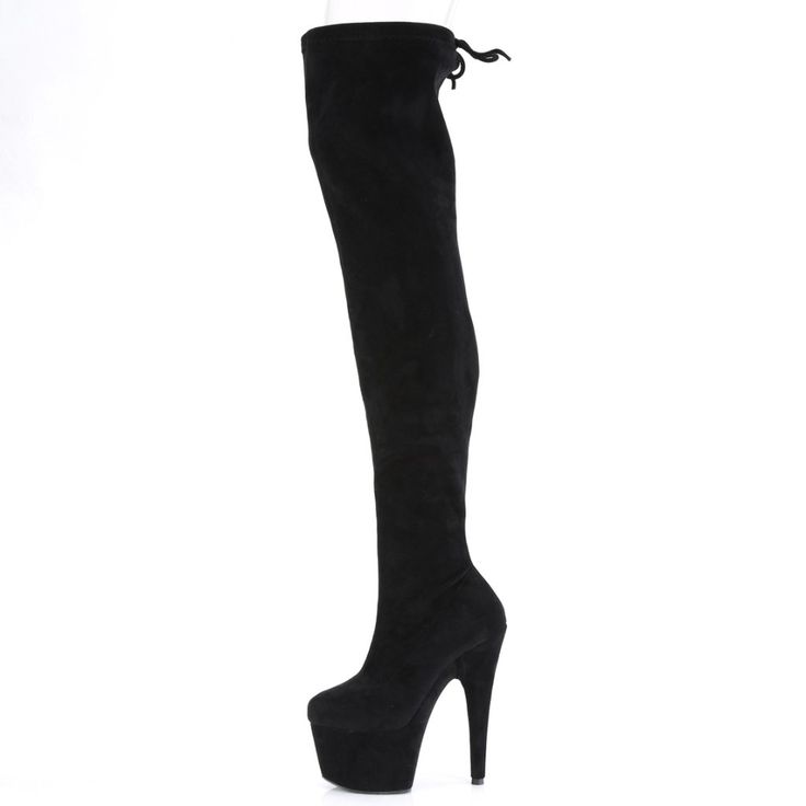 7" High Heel, 2 3/4" Platform Pull On Thigh High Boots. Back Topline Lacing Featuring Fully Wrapped Bottom. Black Stretch Faux Suede. Styles: Stripper Dancing Clubbing Dance Winter Dominatrix Drag Roda-3008 Fitted Knee-high Platform Boots For Club, Fitted High Cut Boots For Night Out, Fitted High Cut Winter Boots, Fitted High-cut Winter Boots, Black High Shaft Knee-high Boots For Party, Black Knee-high Boots With High Shaft For Party, Black Knee-high Boots For Party, Thigh High Platform Boots For Night Out, Fitted High Cut Black Platform Boots