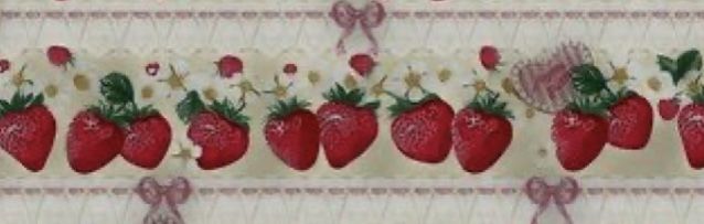 a wallpaper with strawberries and flowers on the side, along with pink ribbons