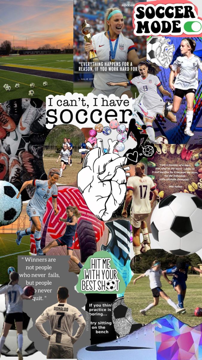 the collage shows many different sports related items, including soccer balls and other things