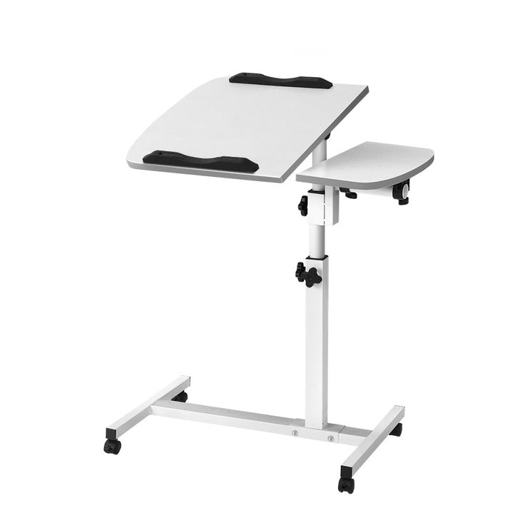 a white computer desk with wheels and a black handle on the bottom half of it