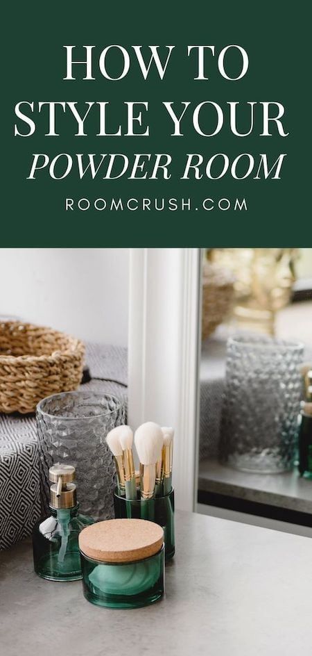 a bathroom counter with brushes and soaps on it, in front of a mirror that says how to style your powder room