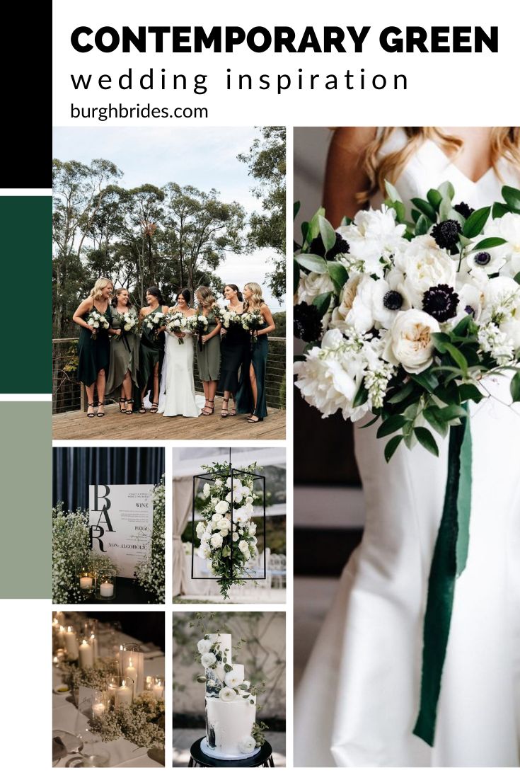 a collage of photos with white flowers and greenery in the center, green ribbon around the waist