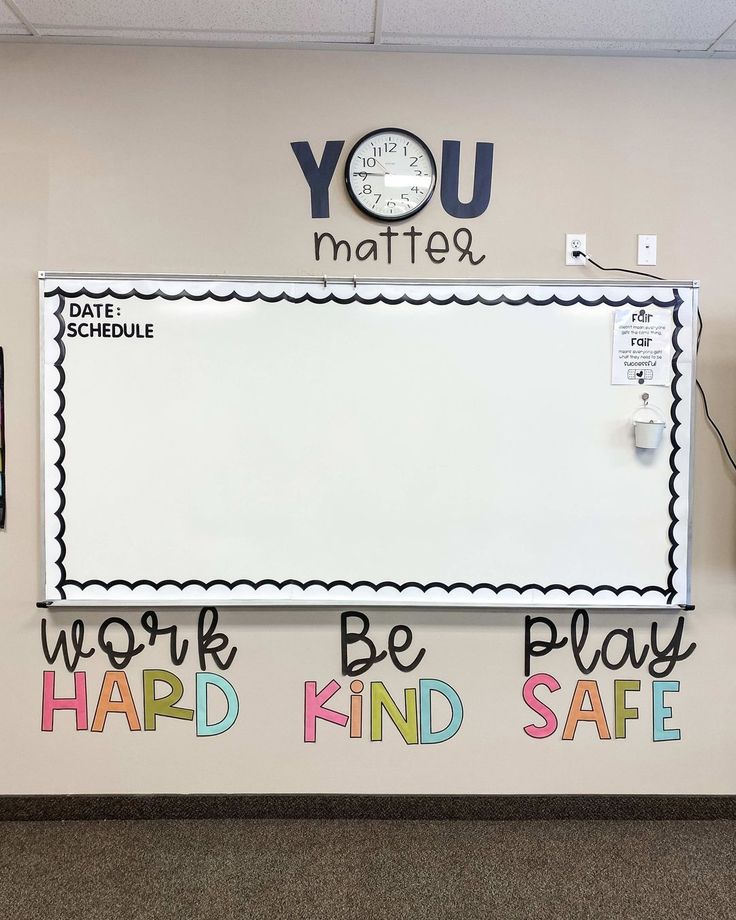 a white board with words written on it in front of a clock and other writing