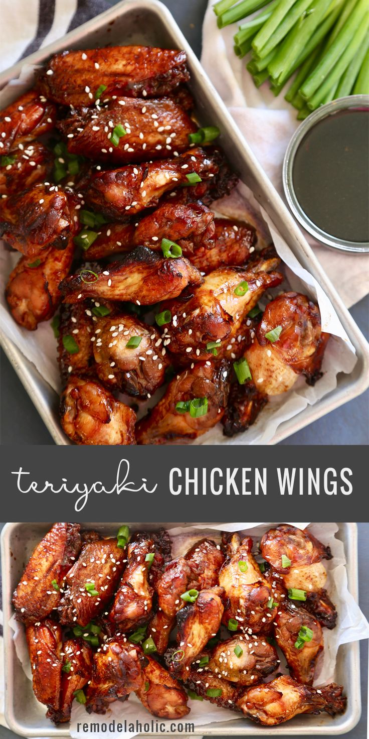 chicken wings with sesame seeds and green onions on the side, served in trays