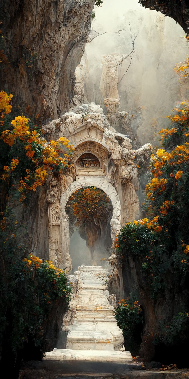 an arch in the middle of some trees with yellow flowers growing on it's sides