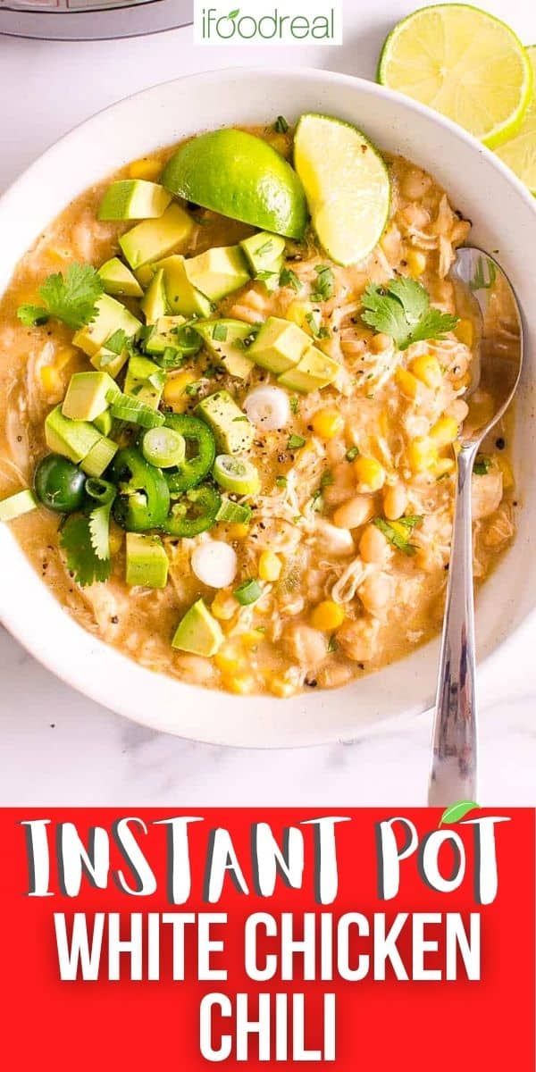 instant pot white chicken chili in a bowl with limes and cilantro on the side