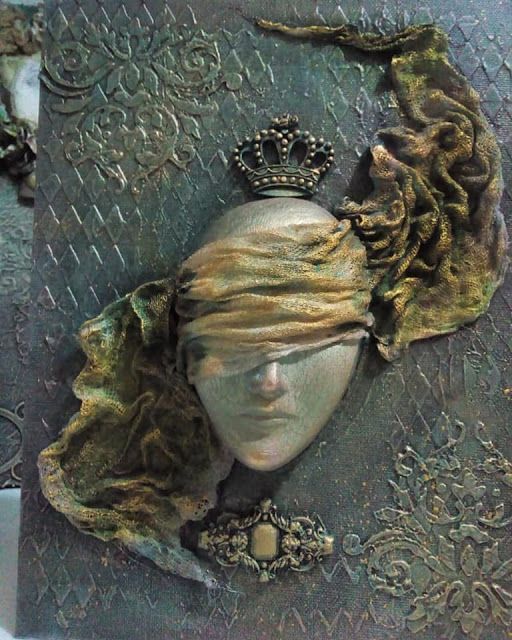 an altered photograph of a woman's head with a crown on top of it