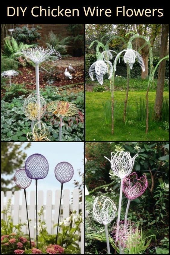 four different types of wire flowers are shown in this collage with the words diy chicken wire flowers