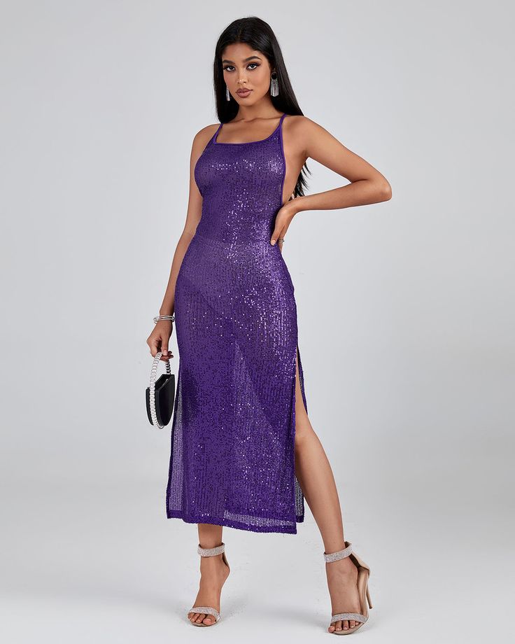 Our Purple Sequin Strap Midi Dress is the perfect combination of style and comfort. Crafted from lightweight and breathable material, this dress is sure to be your go-to for any occasion. The purple sequins add a touch of luxury to the dress. The adjustable straps also provide a comfortable fit. Make a statement with this elegant and sophisticated dress. Our Style No.SZMG081508 Bead Piece Height - 66.9"/170cm Bust - 33.8"/86cm Waist - 24.4"/62cm Hips - 36.2"/92cm and wears size S About Wholesale Purple Sequin Fabric For Summer Party, Glamorous Purple Dress With Contrast Sequin, Purple Contrast Sequin Party Dress, Purple Sleeveless Dress With Contrast Sequin, Glamorous Purple Dress With Sequins, Purple Sequin Evening Dress For Summer, Purple Dresses With Contrast Sequin For Spring, Spring Purple Dresses With Contrast Sequin, Purple Sleeveless Sequin Evening Dress