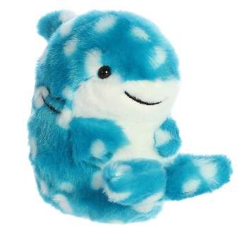 a blue and white stuffed animal with polka dots