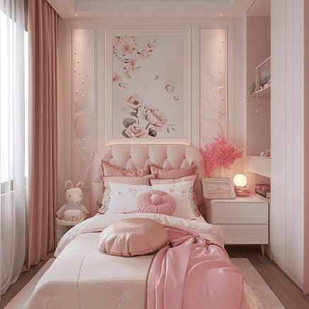 a bedroom decorated in pink and white