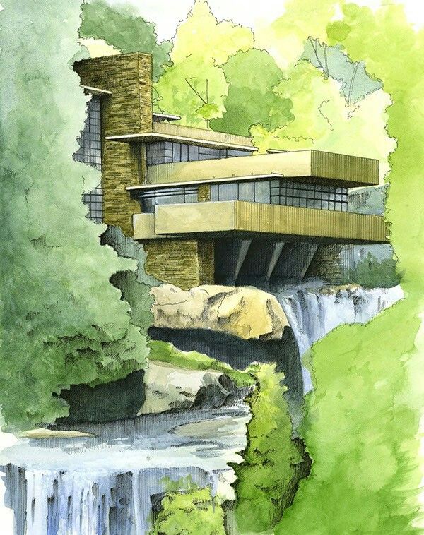 a drawing of a house on top of a waterfall