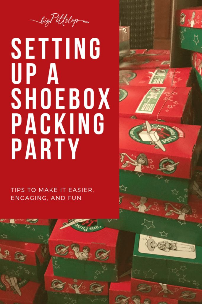 several boxes stacked on top of each other with the words setting up a shoebox packing party