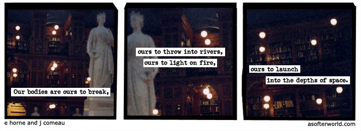 three different views of a statue in a building at night with lights on and the caption's written below it