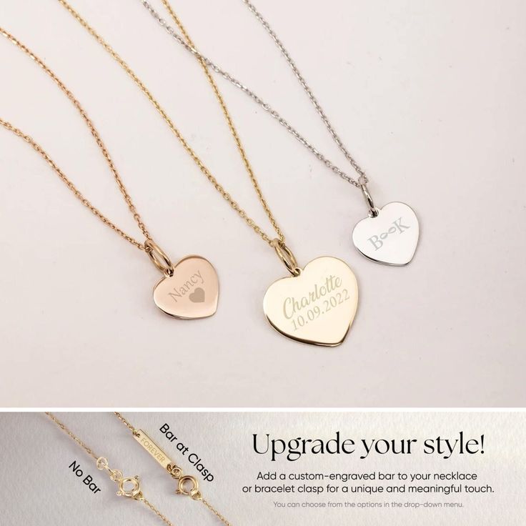 "14K 18K Solid Custom Engraved Heart Necklace, Personalized Dainty Gold Pendant, 2 Side Personalized Date Name Heart Pendant Gift for Her/Him ► Adding a customized tiny bar at clasp may be a good idea: https://etsy.me/3cn9OQ5 Material: Solid Gold (real gold, no gold-filled or no gold plated material) Karat: 14K (585), 18K (750) Available Gold Colors: Yellow, rose and white Available chain thickness: 0.84mm, 0.95mm Available Heart pendant size (width): 10mm, 12mm, 14mm The pendant can be engraved Customizable Gold Heart Pendant Necklace, Customizable Heart-shaped Yellow Gold Jewelry, Rose Gold Engraved Heart Necklace For Anniversary, Customizable 14k Gold Heart Jewelry, Heart Charm Nameplate Necklace For Anniversary Gift, Heart Charm Necklace For Anniversary Gift, 14k Gold Engraved Heart Necklace For Gift, 14k Gold Engraved Heart Necklace As Gift, 14k Gold Double Heart Engraved Necklaces