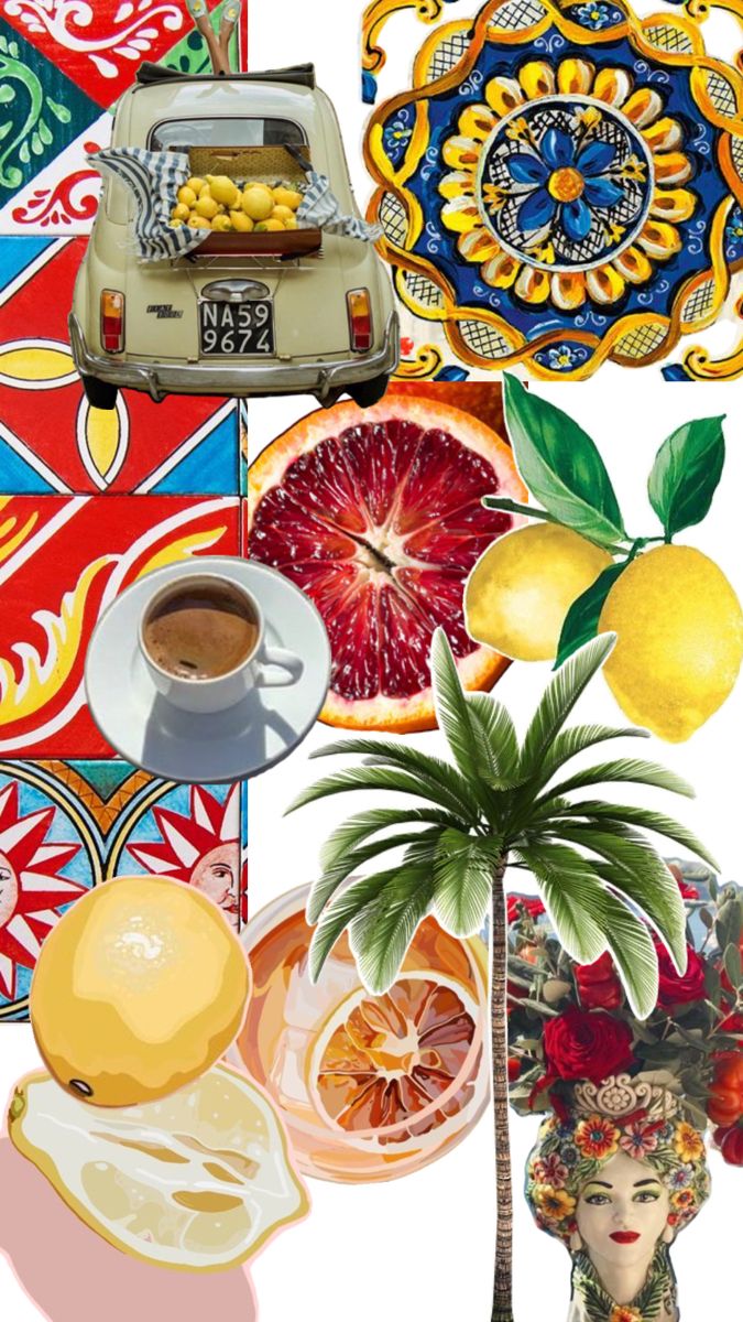 a collage of art with lemons, oranges, and other things on it