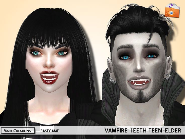 an animated image of two people with vampire teeth and black hair, one has blue eyes