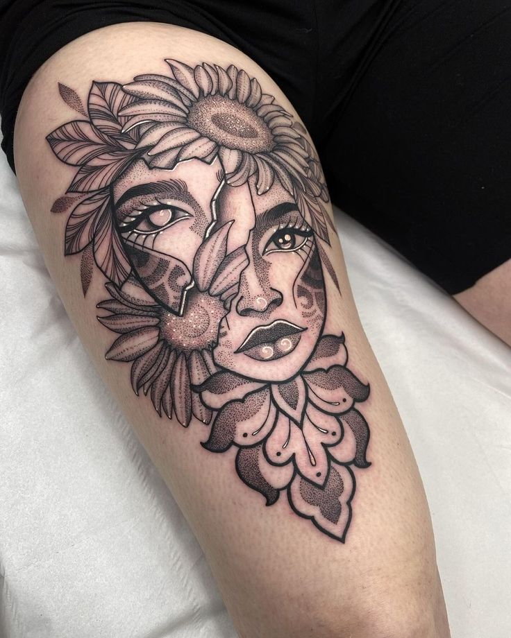 a woman's arm with a sunflower and face tattoo on the left thigh