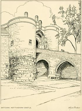 an old black and white drawing of a castle with two arches on the front wall