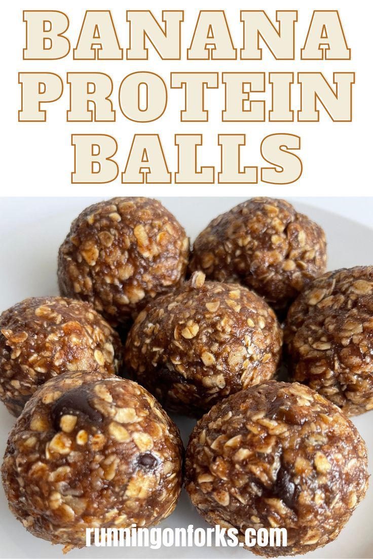 banana protein balls on a plate with text overlay